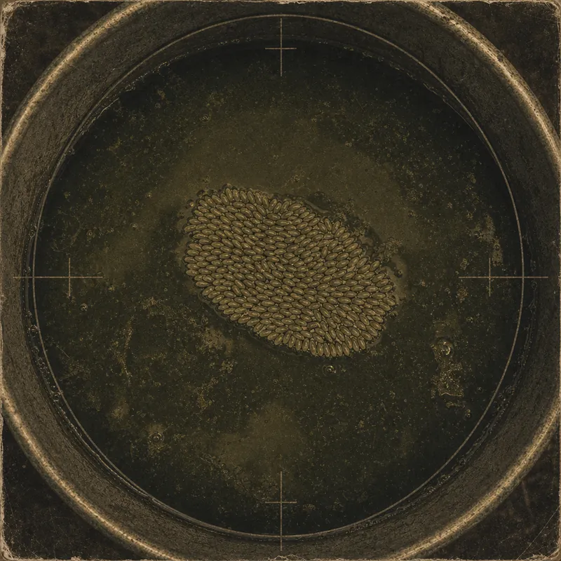 A mosquito egg raft floating on the surface of still, foul standing water