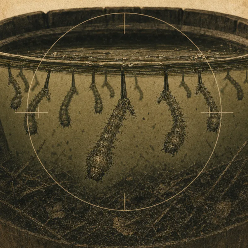 Mosquito larvae, sometimes called wigglers, hanging just under the surface of standing water