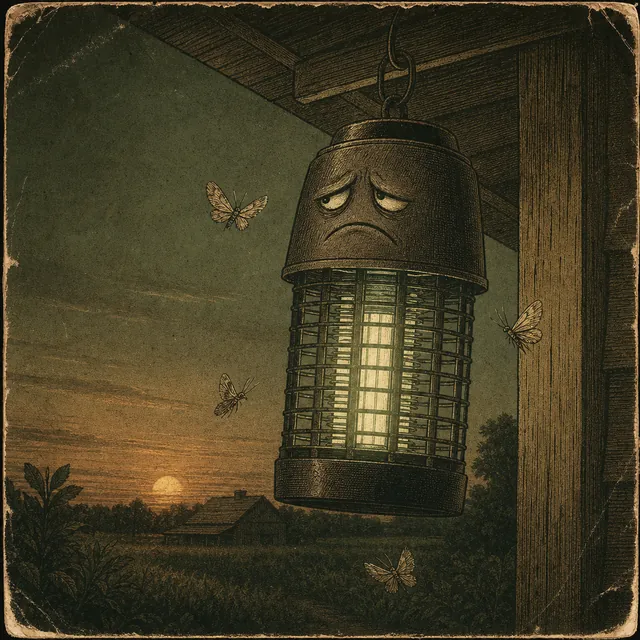 A UV bug-zapper lantern hanging on a porch at dusk, moths circling it, no mosquitoes anywhere near it